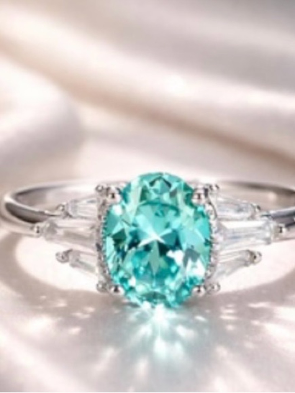 Sterling Silver Aqua Blue Oval Halo Ring - Turquoise Gemstone